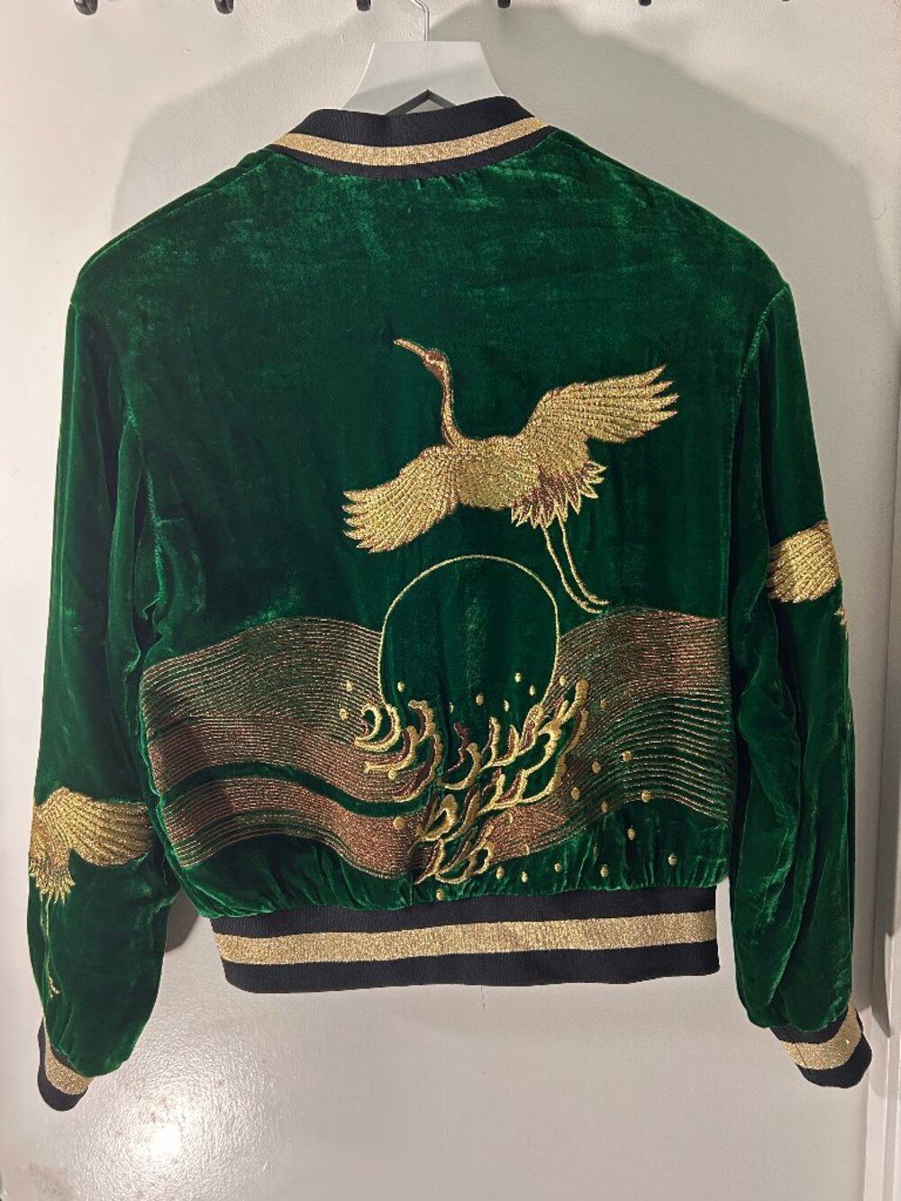 Vintage 100% Silk Velvet Crane Embroidered Bomber Jacket Emerald Green Medium